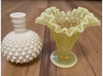 Vintage & Lovely Hob Knob Vases - One VASELINE Glass & Other Milkglass