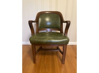 Very Sturdy Antique Oak & Green Leather Derby, Conn Furniture Chair With Original Brass Rivets