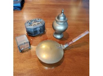 Four- Item Brass Lot- Ash Holder, Glass Display Cube, Lidded Urn & Incense/ Potpourri Box
