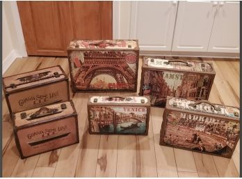 Six Highly Decorated Travel Suitcases - Famous Cities & Steamship Lines