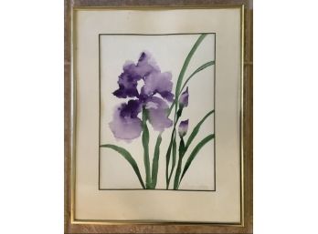Colorful Vintage Watercolor Of Purple Irises By Listed Artist Elaine Sadofsky