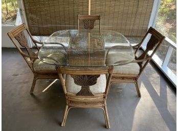 Lovely Glass Top Patio Table & Four Wood & Bamboo Chairs- Stunning Wheat Sheaves & Attractive Twisted Pedestal