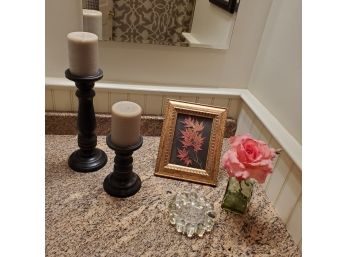 Five Home Or Office Decor Items - Wood Candle Sticks, Framed Flowers & Green Glass Vase & Bubble Glass Ashtray