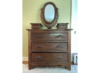 Antique Walnut 2 Over 3 Drawers Dresser With Large Harp & Oval Mirror