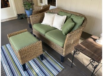 Durable Wicker 2 Piece Set Of Screened- Patio Furniture With Green Cushions