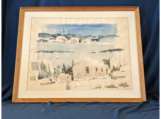 Linnear Geometric Signed Alfred Birdsey Watercolor Painting  Beach Tones