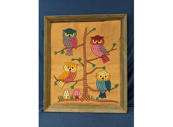 Bright Vintage Mid Century Modern Owls On Canvas Needlepoint Wall Art