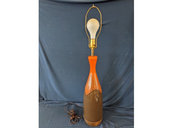 Bright Orange And Brown Mid Century Modern Pottery And Wood Accent Lamp
