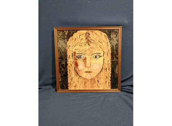 Stunning Mid Century Four Art Tile Face Painting Young Girl ~ Gallery Stamp 'Galerias Morey Marcos Y Molduras'