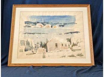 Linnear Geometric Signed Alfred Birdsey Watercolor Painting  Beach Tones