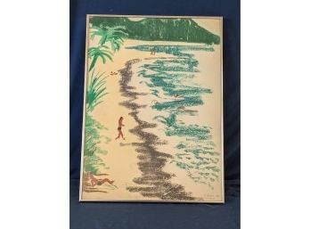 Signed 'E. Lessere' 1962 'St. Thomas' Crayon Beach Scene Drawing