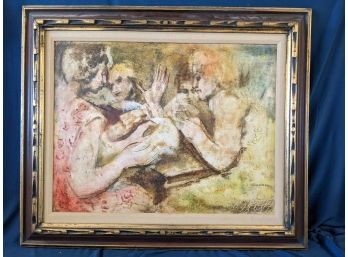 1960s 'nurik' (?) Signed Painting On Board Loose Figures In Carved Frame