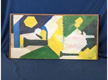 Signed 'S. Molak' Geometric Abstract Painting On Canvas In Blues, Greens, And Yellows