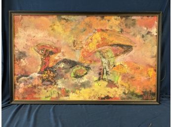 Signed 'Dell' Or 'Deil' Mid Century Modern Painting On Artist Board Of Bright Psychedelic Mushrooms