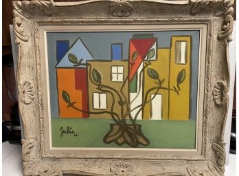Mid Century Modern O/C  Painting   Signed  Julie 66 . Beautiful Subject And Colors