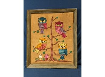 Bright Vintage Mid Century Modern Owls On Canvas Needlepoint Wall Art