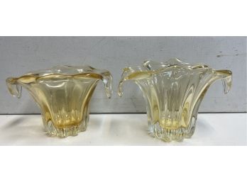 Mid Century Italian  Pair  Of Heavy Italian Glass Floral  Vases 1950s-60s