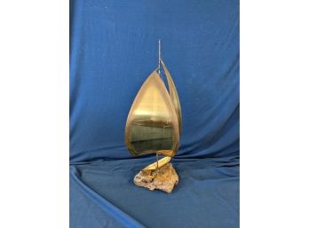 Signed 'Yosi' Of California Brass Ship Sculpture On Driftwood Base