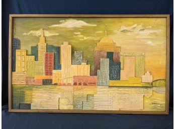 Manchester Artist Marlane McKensie Signed Mid Century Modern 3-D Painting Wall Art Cityscape
