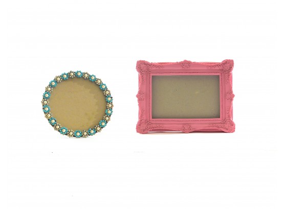 Pearl & Bead  Round Frame & Bright Pink Ornate Wood Frame