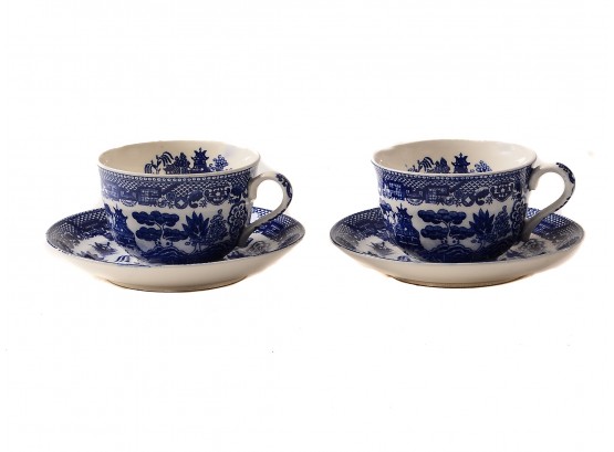 Vintage Blue Willow Tea Cups And Saucers Made In Japan Flow Blue