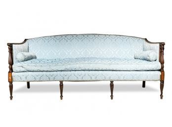 A 19th Century French Empire Mahogany Settee In Blue Brocade With Nailhead Trim