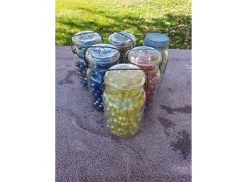 6 Mason Jars Of Mixed Marbles