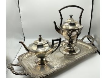 Silver Plate Tray, Tea Pot & Tilting Coffee Pot On Stand