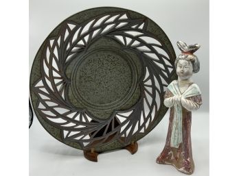 Signed Pottery Cutout Plate & Asian Pottery Statue