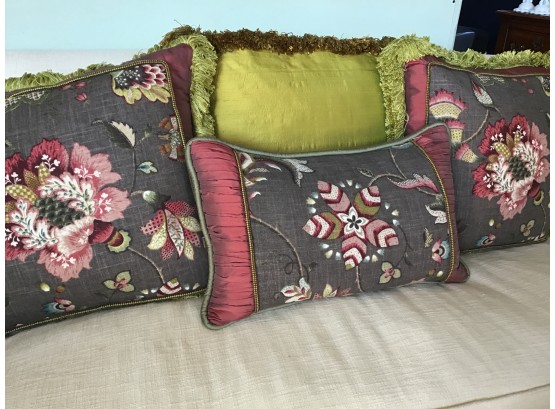 Group Of 4 Custom Reversible Decorative Pillows, Down Filled, Linen And Dupioni Silk