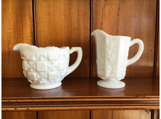 Westmoreland Milk Glass Pitchers - Grape Pattern 5H And Quilt Pattern 3.5