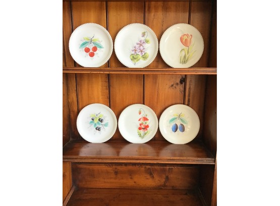 Vintage Westmoreland Beaded Milk Glass Plates, Fruit And Floral Collection Of 6