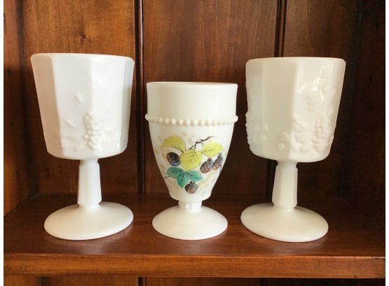 Vintage Set Of 2 Milk Glass Grape Goblets And Westmoreland Hand Painted Footed Goblet/Vase
