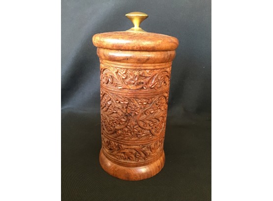 Beautifully Carved Wooden Cylinder Box/ Canister, East India
