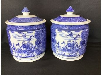 Pair Of Vintage Blue & White Porcelain Covered Canisters With Chinese Garden Scene - 9H