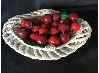 Ceramic Art, White Woven Bowl Of Cherries, Italy
