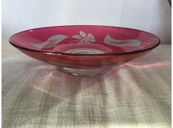 Vintage Ruby Cranberry Footed Centerpiece Bowl With Floral Etching - 10.75D