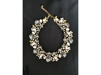 Statement Piece! Gold Necklace With Black And Clear Glass With Rhinestones
