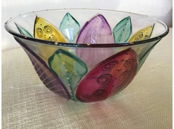 Vintage Decorative Glass Bowl With Colorful Leaves And Gold Bead Detail