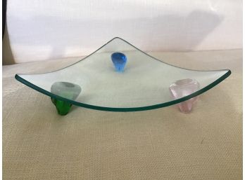 Triangular Curved Glass Dish With Colored Gem Feet