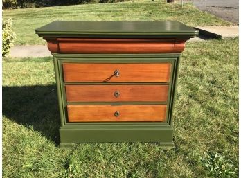 Antique 4 Drawer Chest, Moss Colored Frame And Cherrywood Drawers