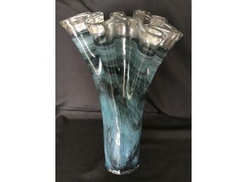 Large Blue And Black Swirly Glass Vase With Clear Ribbon Candy Edge