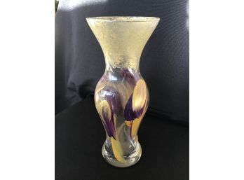 Signed Handpainted Vase, Gold And Purple - 9H