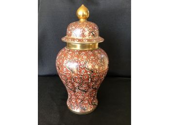Cloisonn Ginger Jar/Urn - Rust Colored With White Cherry Blossoms, Brass -  12H