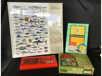 Puzzles And Games - New In Box Fish Puzzle, Uno, Shape By Shape, Mille Bornes French Card Game