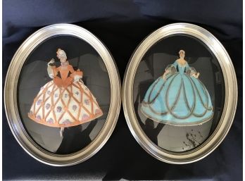 Pair Of Vintage 3Dimensional Paper Dolls, Signed BK, Framed In Oval Bubble Glass