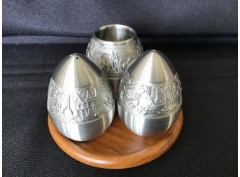 Oriental Pewter, Salt & Pepper Shakers And Toothpick Holder With Wooden Tray, Thailand