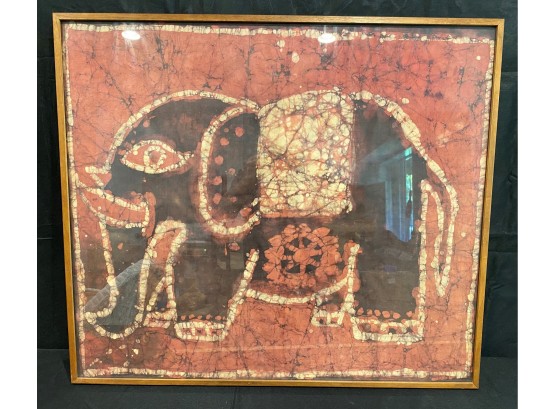 A Framed Batik Elephant Print On Fabric  32'x28'