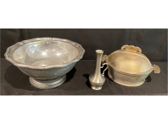 Group Of Kitchen And Decorative Items, Pewter Web Bud  Vase , Guardian Casserole Bowl & Aluminum Centerpiece