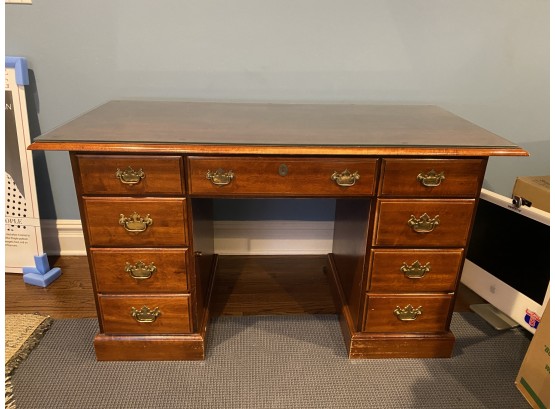 A Vintage Wood Knee Hole Desk With Glass Top - 65'w X 34'd X 34'h